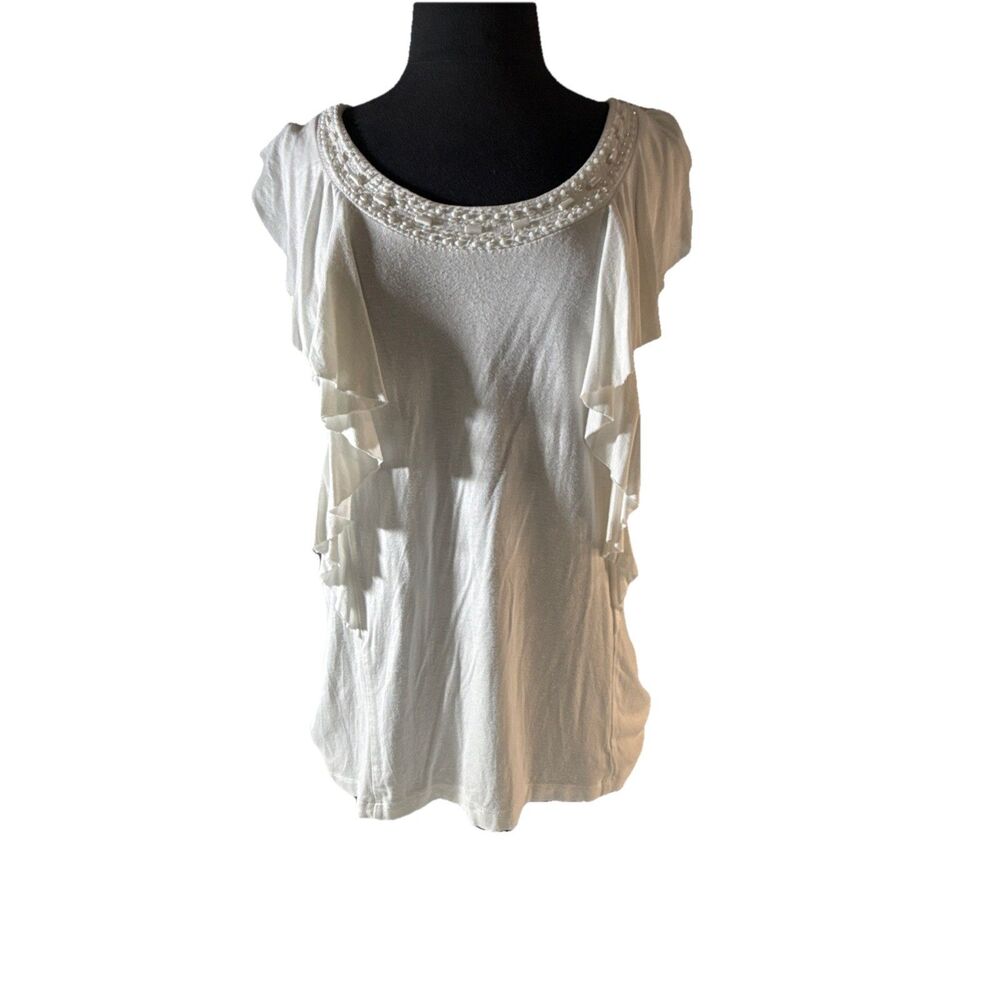 NY & Co. White Tank With Beaded Neckline And Ruffle Front Size L